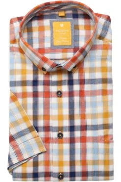 Redmond Casual Modern Fit Hemd Blau/orange/weiss, Kariert